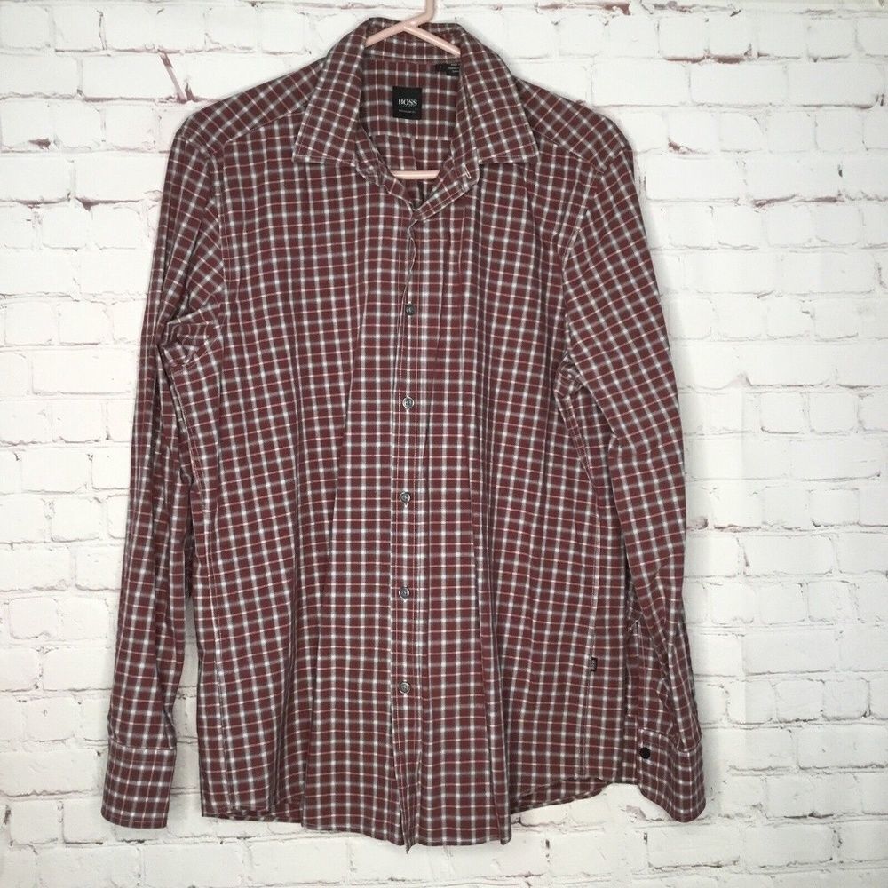 Hugo Boss Regular Fit Men's Brown Check Black Label Long Sleeve Shirt Size L